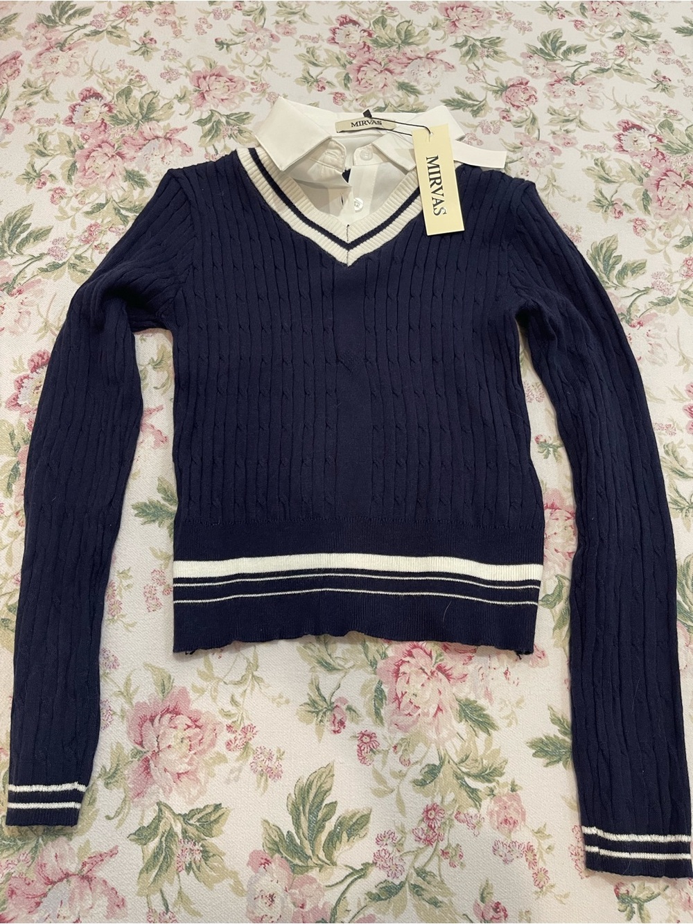 Women's Navy V-Neck Cable Knit Sweater with White Trim